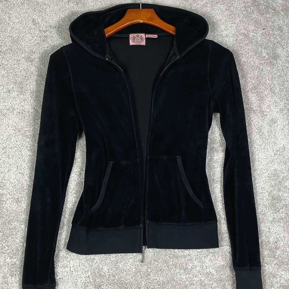 Vintage Juicy Couture Hoodie Women Medium Black Velour Zip Up Hooded Y2K